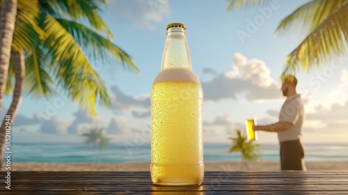 Refreshing Cold Beer Bottle by the Beach Under Tropical Palm Trees