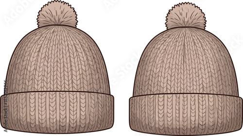 Knitted winter hats with pom-poms, ribbed fold-over brims, textured fabric comparison, cozy cold-weather accessories, fashion flat vector illustration