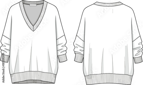 Oversized sweater technical sketch, deep V-neck front and round back neckline, ribbed cuffs and hem, fashion flat vector illustration