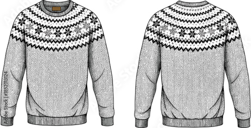 Nordic patterned sweater technical sketch, snowflake and geometric yoke design, crewneck with ribbed cuffs and hem, fashion flat vector
