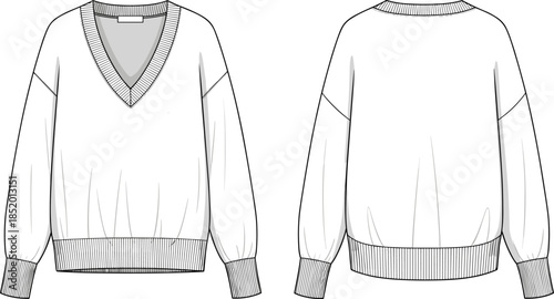 Oversized sweater technical sketch, deep V-neck front and round back neckline, puff sleeves, ribbed cuffs and hem, fashion flat vector
