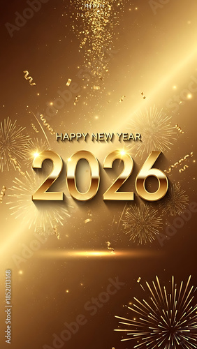 Golden happy new year 2026 celebration design with falling confetti and fireworks