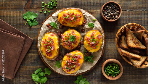 Delicious baked stuffed potatoes with bacon, green onion and cheddar cheese
