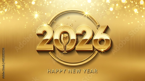 Luxurious gold 2026 happy new year celebration graphic with champagne toast and sparkles
