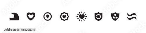 Row of ten filled monochrome icons showing hearts waves circular shapes shields and comparison symbols