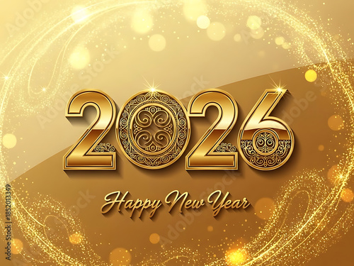 Luxurious gold embossed happy new year 2026 greeting card design with festive bokeh background