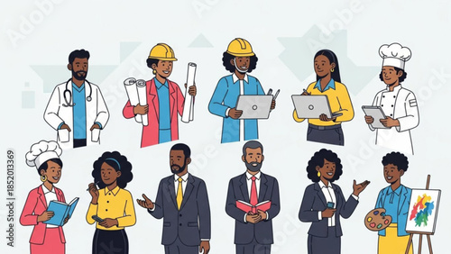 Diverse professionals and occupations in various industries, people with different jobs