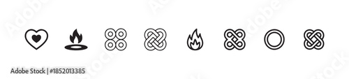 Simple line art icons of heart flame knot rings and abstract geometric shapes for graphic use