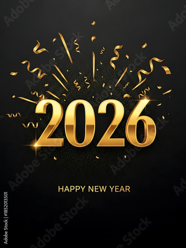 Golden 2026 happy new year celebration graphic with falling confetti and sparkles background