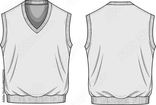 Sleeveless V-neck sweater vest technical sketch, ribbed neckline and hem, front and back view, fashion flat vector, cozy knitwear design