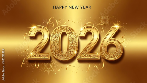 stunning golden 3d numbers design celebrating happy new year 2026 with fireworks