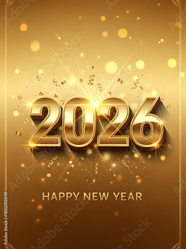 stunning 3d golden 2026 new year celebration graphic with falling confetti and sparkles