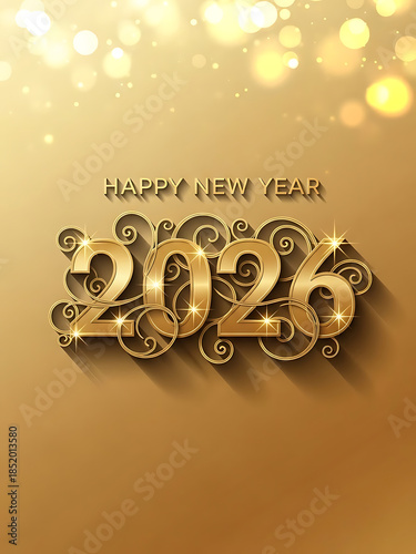 Elegant golden happy new year 2026 greeting card design with festive bokeh background