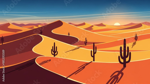 Desert landscape with cacti and sand dunes at sunset, orange and blue sky, serene atmosphere