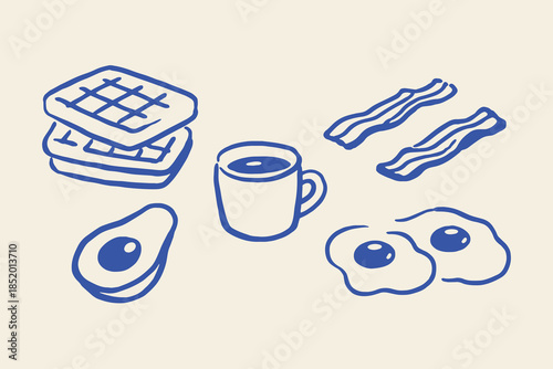 Breakfast Waffles Coffee Bacon Eggs Avocado Doodle Vector Illustration