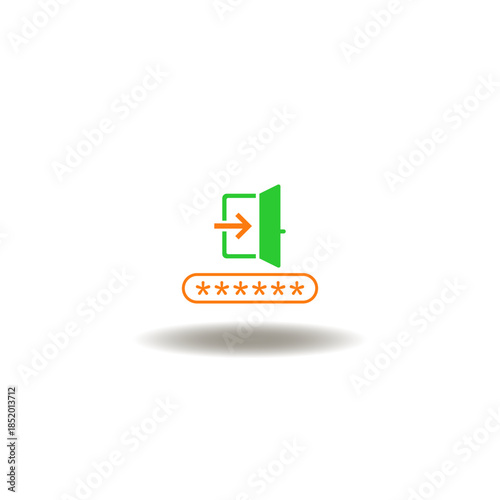 Vector illustration of open door with arrow inward and password entry field. Symbol of user account registration. Icon of electronic web digital access.