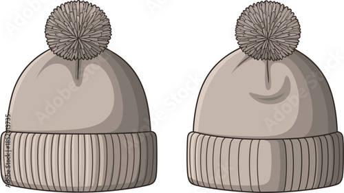 Winter beanie fashion illustration, ribbed fold-over brim, fluffy pom-pom top, soft knit texture, cozy cold-weather accessory vector