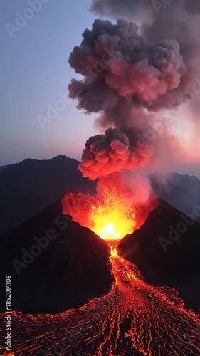 Volcanic eruption at twilight with glowing lava flows and massive smoke plumes