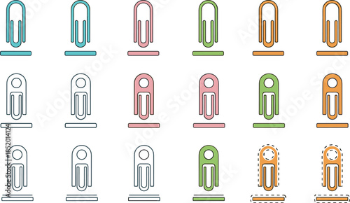 Colorful set of modern paper clip icons in flat vector style for office stationery organization, school supplies, business document management and branding.