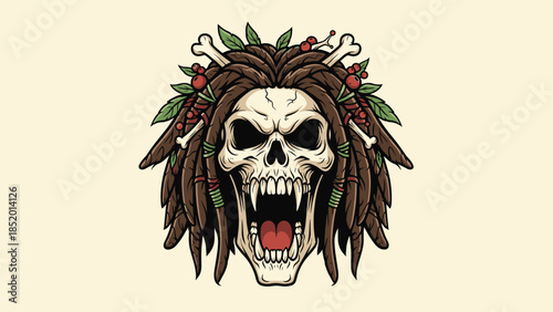 Fierce screaming skull with dreadlocks decorated with bones and leaves, creating a tribal or voodoo-inspired character design.