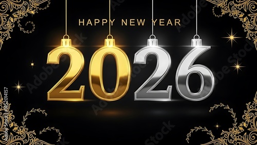 Happy New Year 2026 gold and silver numbers on black background
