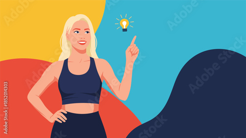 Creative athletic woman has a great idea, pointing to a glowing lightbulb icon against a colorful abstract background.