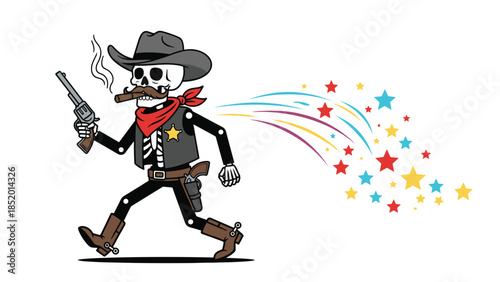 Funny cartoon of a skeleton cowboy on roller skates smoking a cigar and farting a trail of colorful rainbow stars.