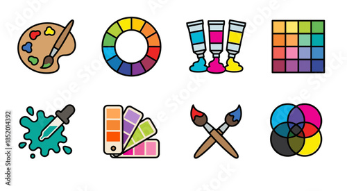 Color Theory and Art Tools Icon Set for Graphic Design Creative Painting Palette Color Wheel and Mixing Swatches Vector Illustrations