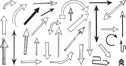 A collection of hand-drawn arrows in various styles and directions, perfect for graphic design elements and visual communication.