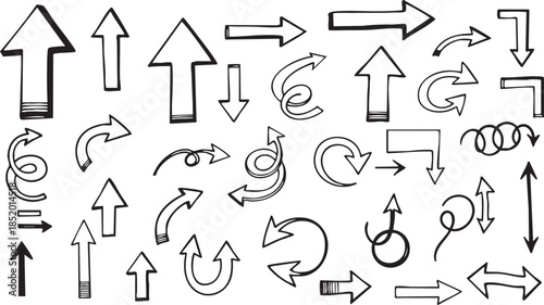 A collection of hand-drawn doodle arrows pointing in various directions and styles, including straight, curved, spiral, and circular designs.