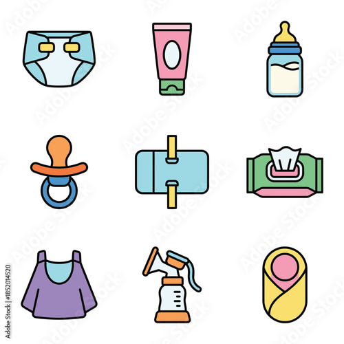 Newborn Baby Hygiene and Feeding Supplies Icon Set Featuring Diapers Breast Pump Bottle and Pacifier Illustrations