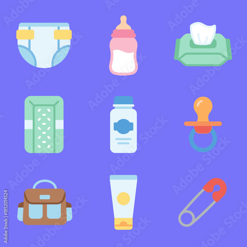 Essential Baby Gear and Nursery Supplies Icon Collection with Diapers Pacifier Safety Pin and Hygiene Products