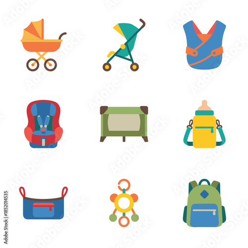 Baby Mobility and Safety Equipment Icons Featuring Strollers Car Seat Playpen Carrier and Diaper Bag Symbols