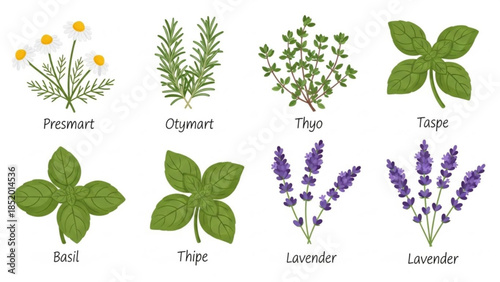 Collection of various herbs including chamomile, rosemary, thyme, sage, basil, mint,