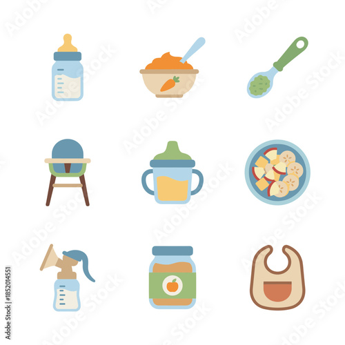Baby Feeding and Nursery Essentials Icon Set Featuring Bottles Healthy Organic Puree High Chair Breast Pump and Bib for Infant Care