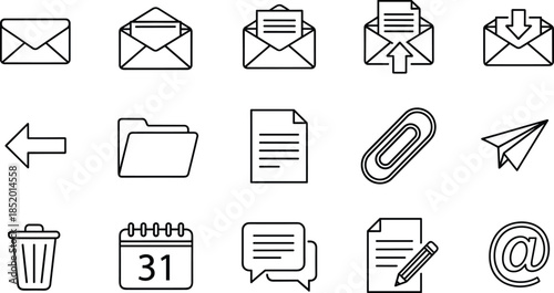 Set of thin line email and office communication icons featuring envelopes with letters paper planes folders paper clips chat bubbles and calendar symbols isolated on white background 