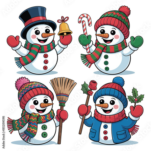 Set of Four Cute Snowman With Different Styles Vector Illustration Winter Season Snowman Collection Snowman Cartoon Snowman Vector Isolated on Transparent Background