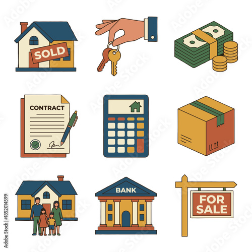 Real Estate Property Buying and Selling Process Icons with Sold Sign House Keys Mortgage Calculator Bank Building and Moving Box