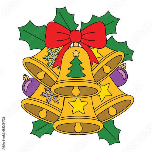 Vector art of christmas bells with holly leaves red bow and ornaments for festive season celebrations decorations and greetings in transparent background