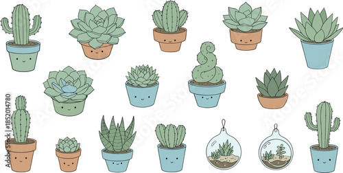 Cute succulent and cactus plant collection with smiling pots flat cartoon vector illustration isolated