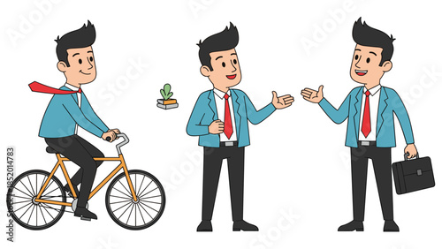Set of cartoon businessman characters in various activities, including riding a bicycle, presenting, and making a deal with a handshake.