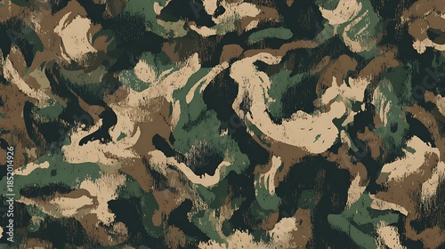 Camouflage Pattern: An abstract camouflage pattern, blending earthy tones of green, brown, and beige in an intricate display, creating a sense of hidden artistry and textural depth.