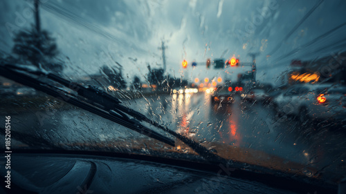 Car wipers work during heavy rain with a wide viewing angle through the windshield.