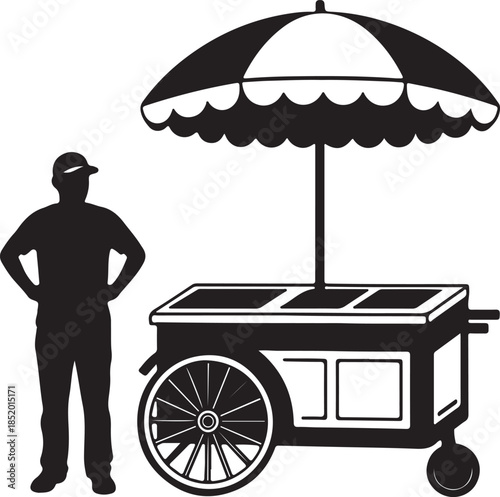Silhouette of vendor man standing next to food cart with umbrella on transparent grid background