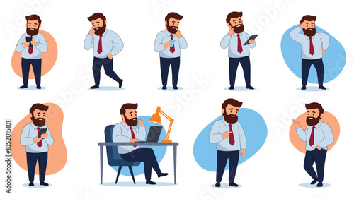 Collection of a friendly bearded businessman character in various poses, such as working on a laptop, talking on the phone, and thinking.