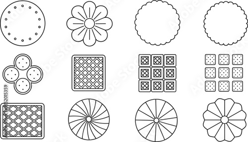Set of black line icons for various cookies and biscuits featuring round, square, floral and sandwich shapes for bakery menu branding.