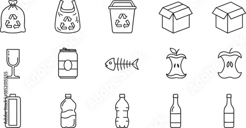 Set of black line icons for recycling and waste management featuring plastic bottles, glass, organic waste, bin, bags and cardboard boxes.