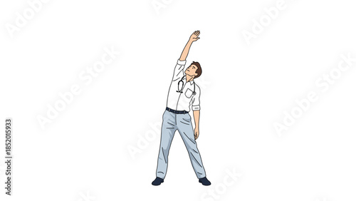 Male doctor character with a stethoscope doing a side-stretch exercise to promote health and wellness in the workplace.