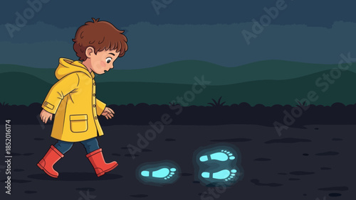 A curious child in a yellow raincoat follows glowing footprints in the dark exploring a mysterious path.