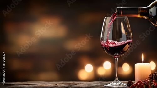 Elegant Red Wine Pouring into Glass with Soft Candlelight Background